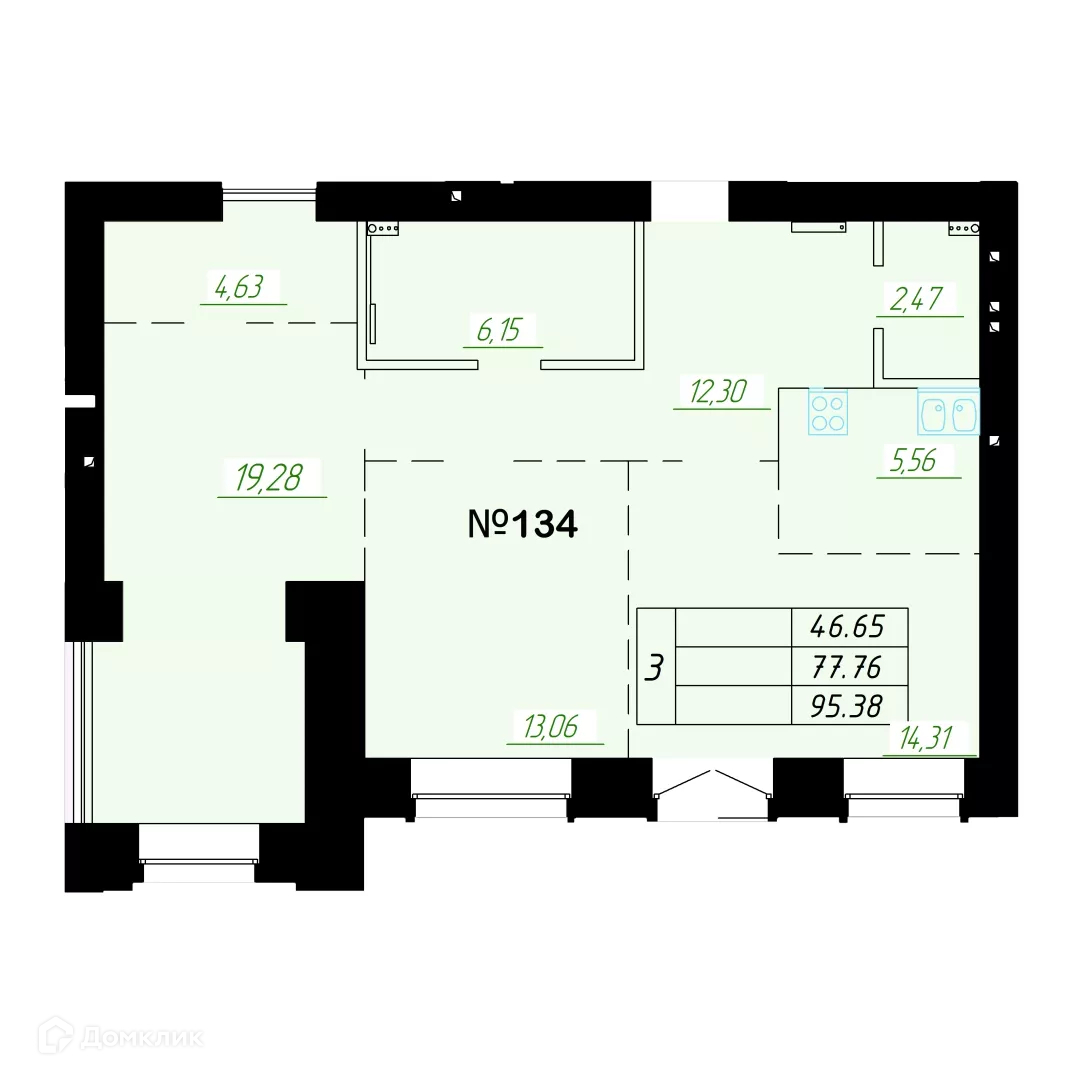 3-комнатная квартира 76.7м2 ЖК Граф