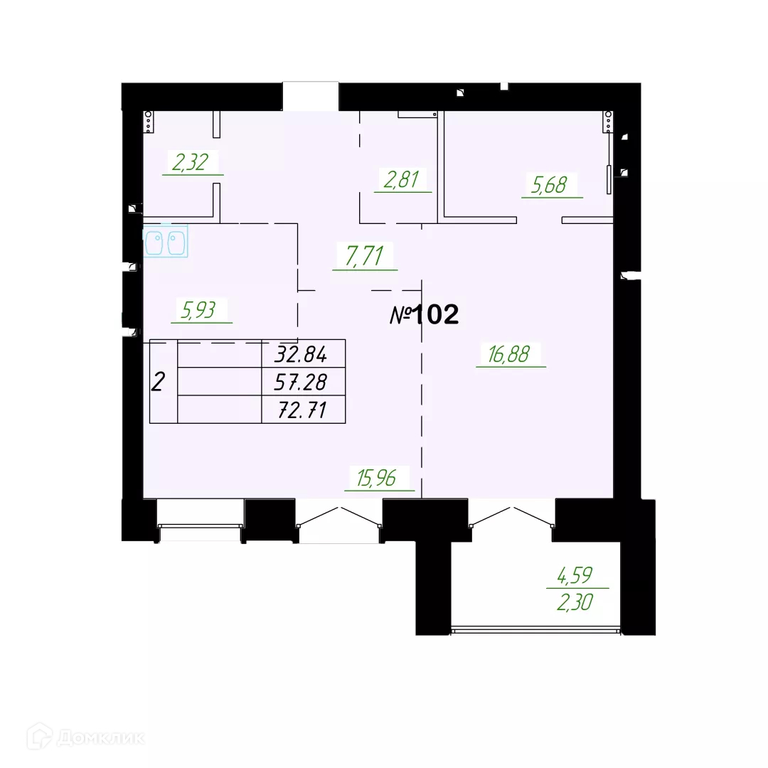 2-комнатная квартира 56.9м2 ЖК Граф