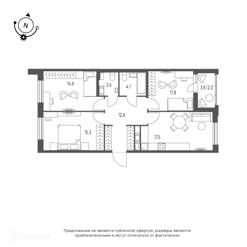 3-комнатная квартира 80.5м2 ЖК Зеленая река