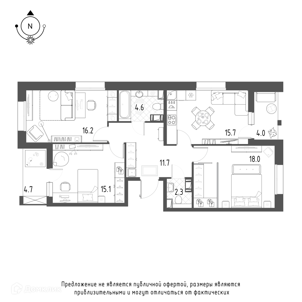 3-комнатная квартира 88м2 ЖК Зеленая река