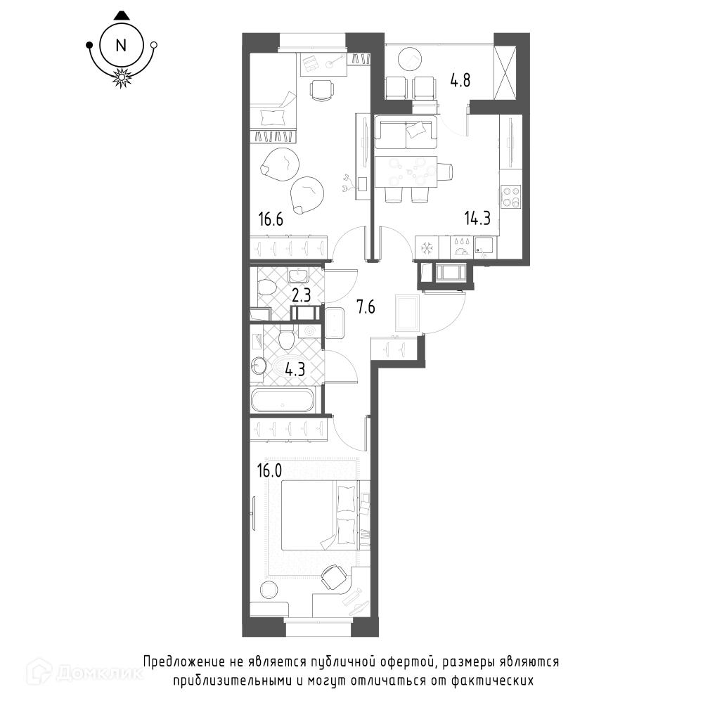 2-комнатная квартира 63.5м2 ЖК Зеленая река