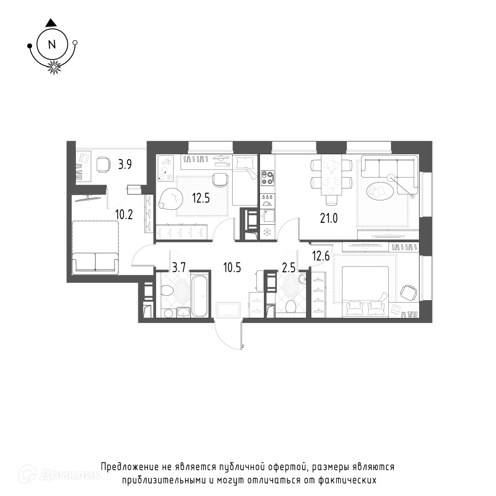 3-комнатная квартира 75м2 ЖК Зеленая река